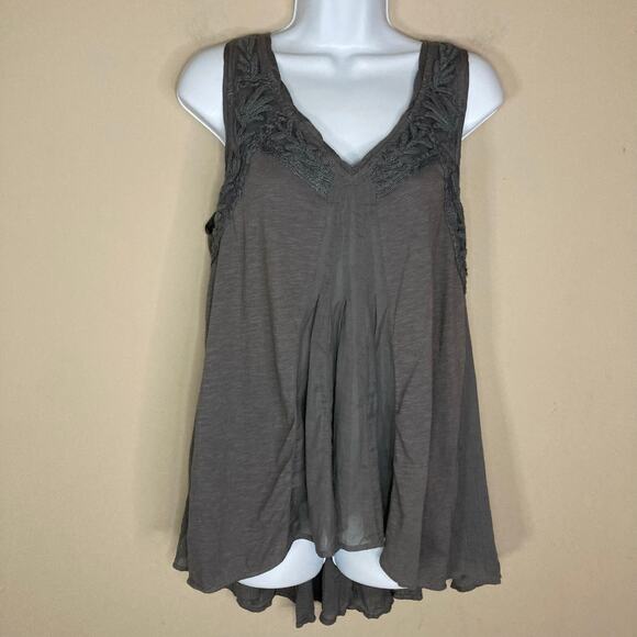 Anthropologie Sleeveless Deep V-neck Lace Trim Babydoll Tank Top Charcoal Size M - Picture 1 of 16